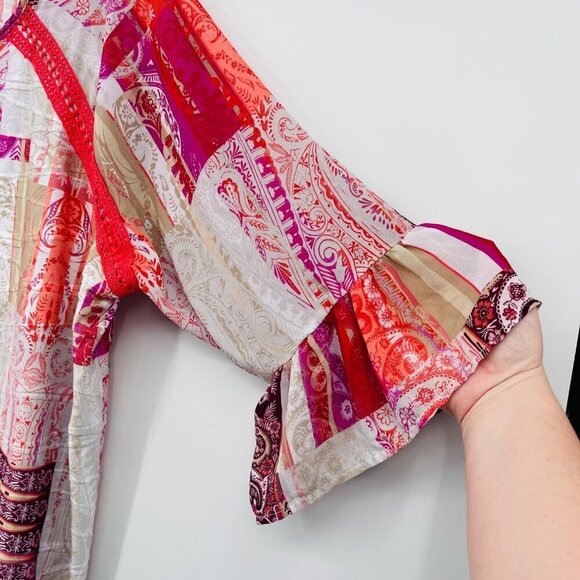 Catherines Tunic Paisley Patchwork Bell Sleeve Tie‎ Neck Shirt Women's 2X Boho - Picture 6 of 11